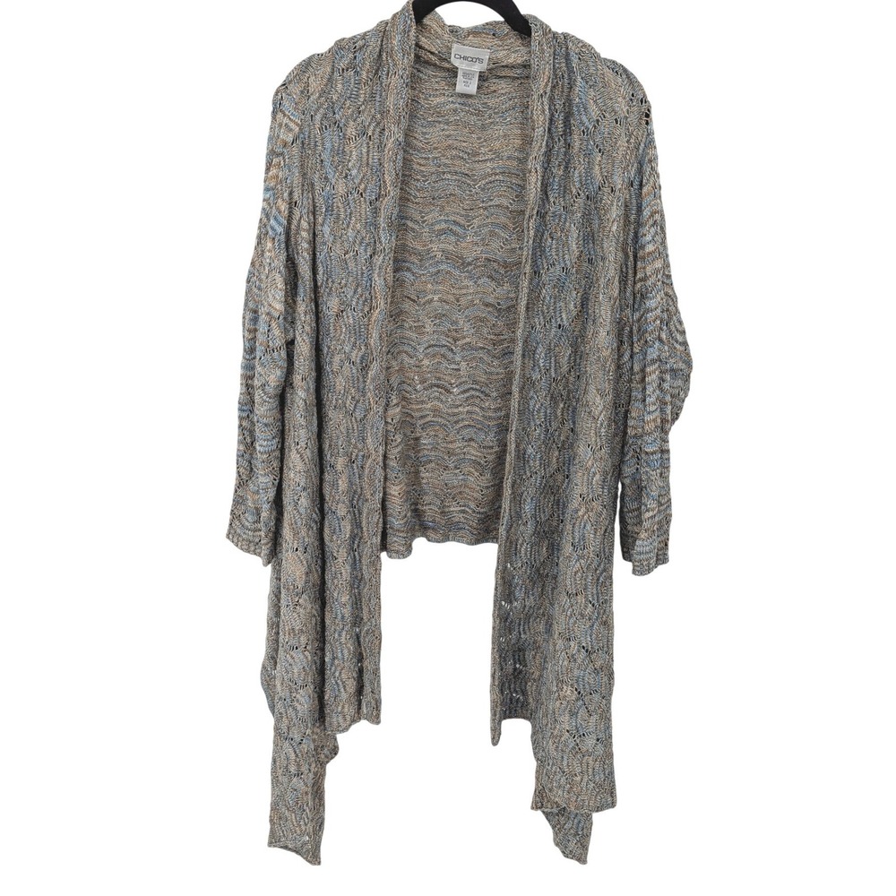 Chicosโ Cardigan Women Large Blue Brown Open Front Pointelle Knit Waterfall